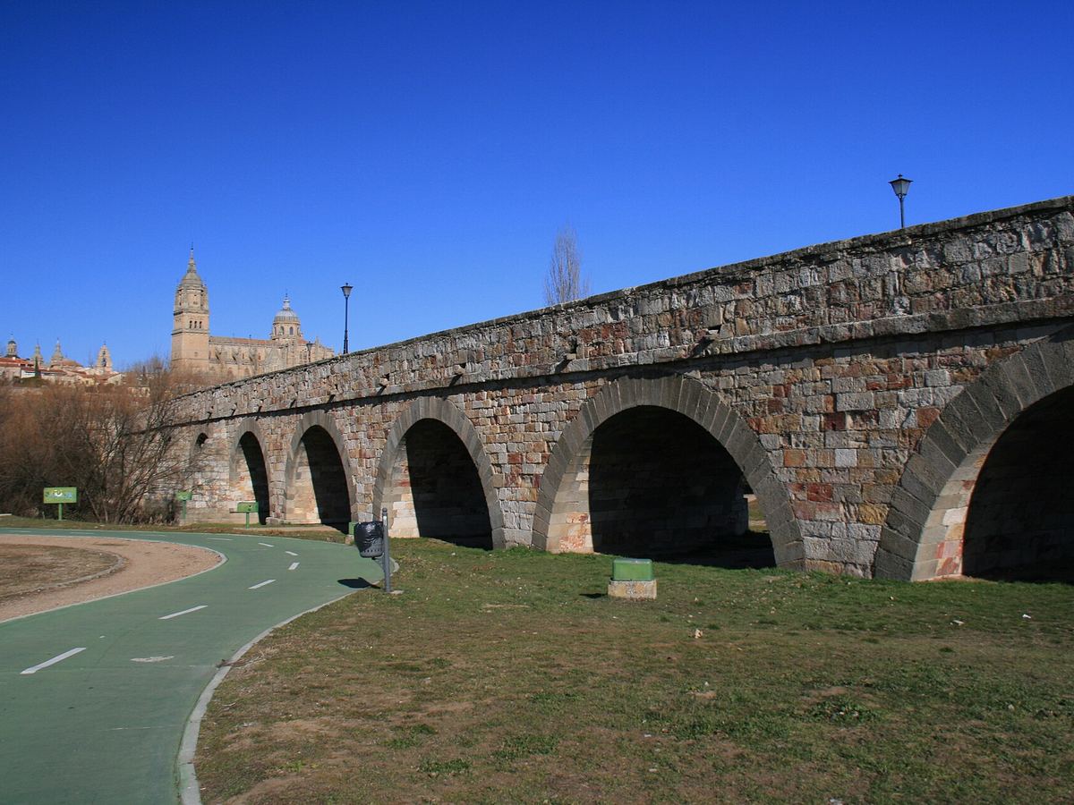The Roman bridge over the Tormes with the cathedral of Salamanca behind